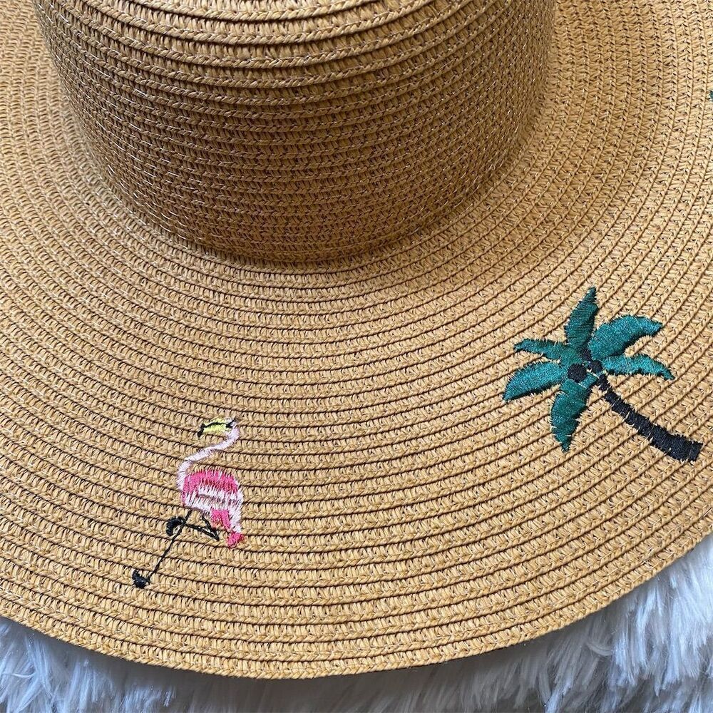 Women's Beige Palm Tree Embroidered Straw Sun Hat Wide Brim Summer Casual - Picture 2 of 8